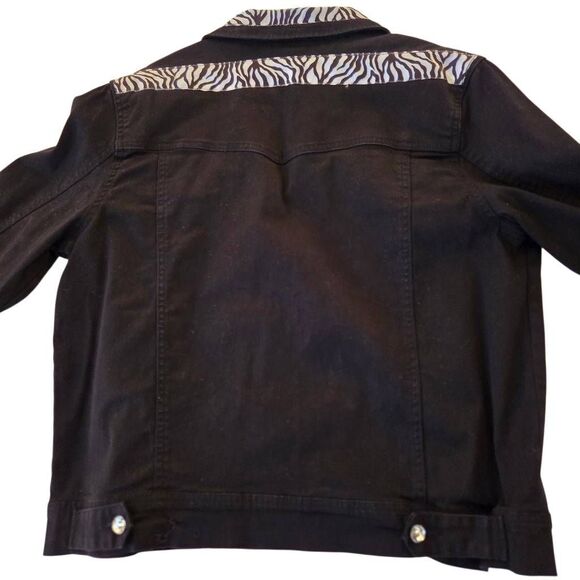 Women's Zebra Print Trim Crystal Button Front Denim Cotton Jacket Black Large - Picture 8 of 11